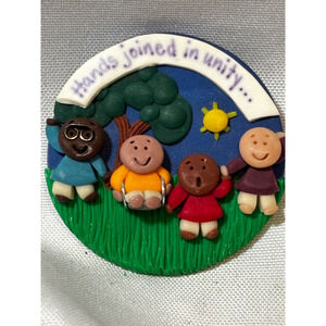Vtg Clay‎ pin Brooch Children Hands Joined In Unity Love Teacher Nurse Caregiver